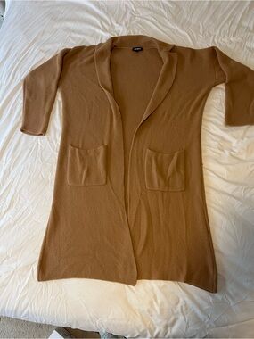 Express Long Open-Front Cardigan in Camel Brown